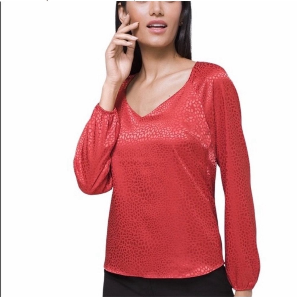 WHBM | Jacquard Blouse Balloon Sleeve V Neck Fire Quartz Top Sz L
